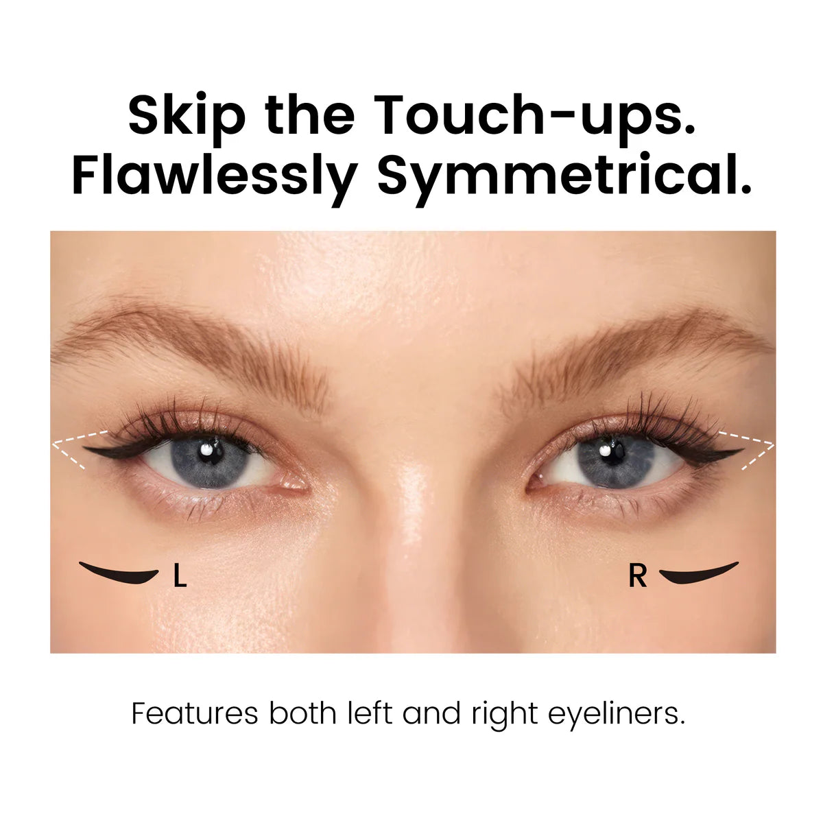 V-Flash Stamp Eyeliner before and after — flawless winged eyeliner result